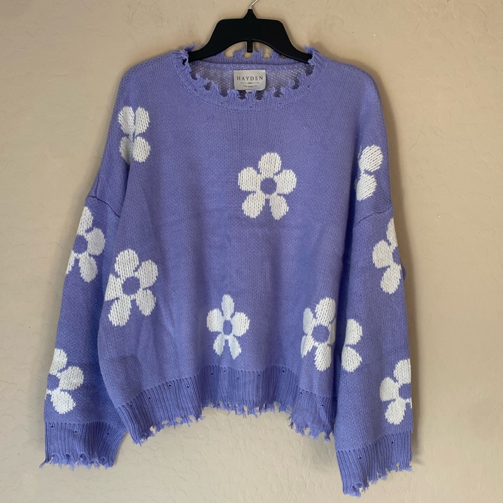 Hayden Lavender Crewneck Sweater with White Floral Pattern